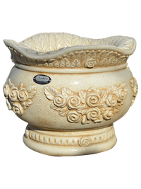 Vaso Sofi’ Tondo con Rose Beige Antichizzato in Cemento – Vaso Decorativo per Giardino e Interni